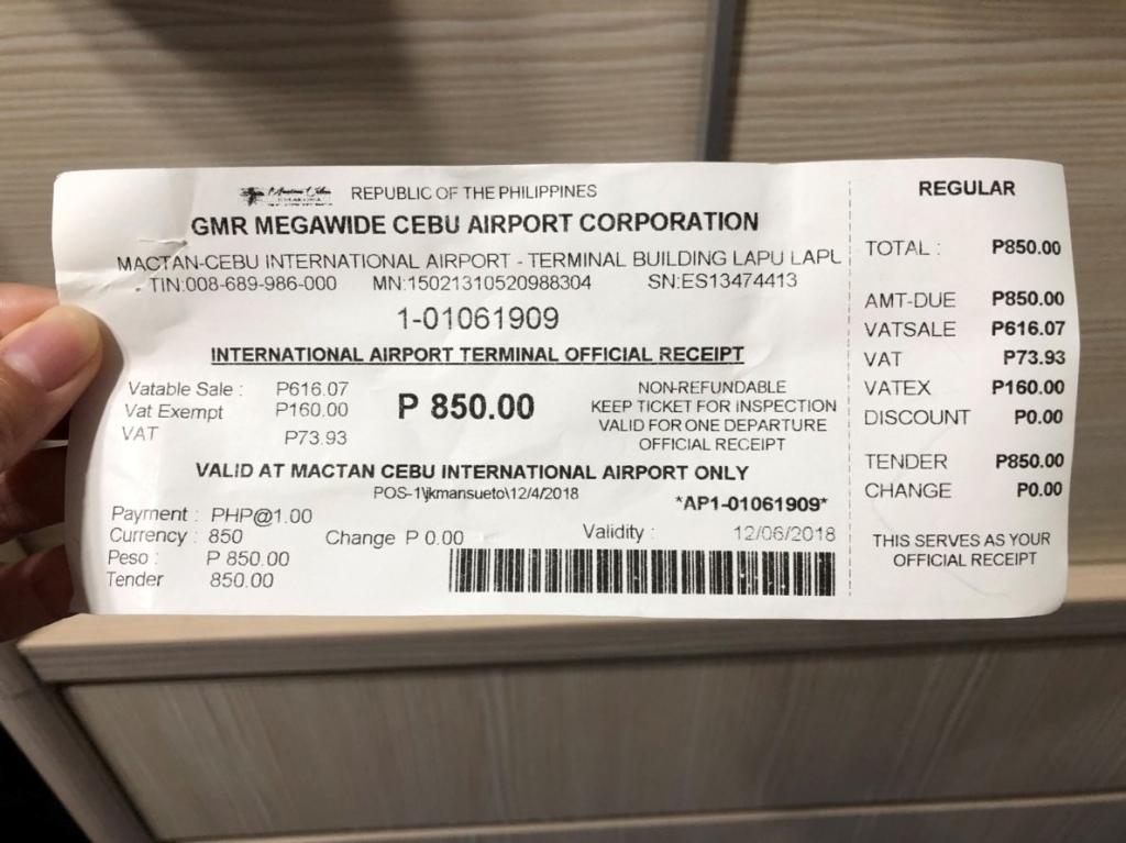 宿霧機場離境稅 P850披索收據